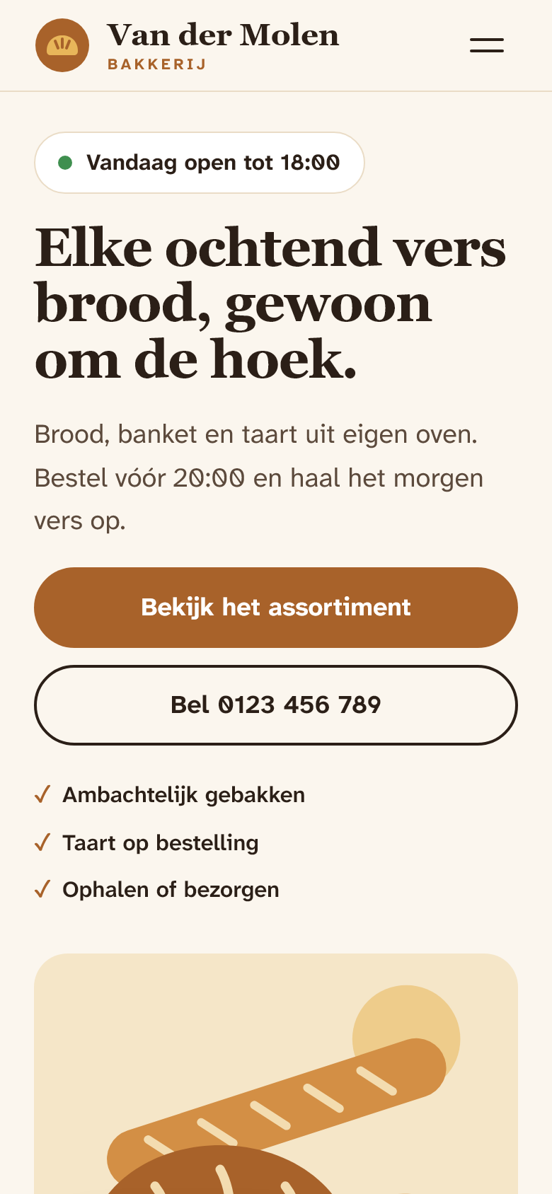 New website of Bakkerij Van der Molen on a phone